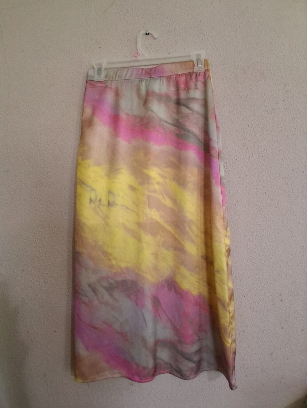 Versona Tie-Dye Satin Maxi Skirt in Pink, Yellow & Gray